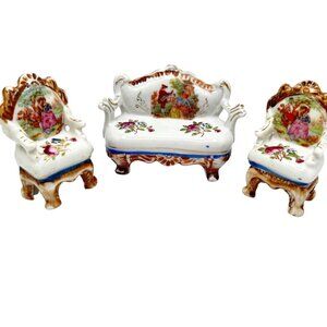 Miniature Hand Painted Porcelain Dollhouse Furniture 3 Pc Set Occupied Japan Vtg